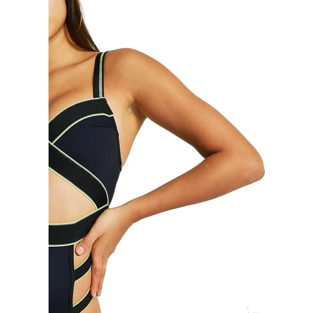 River Island Women Black/Lime Strappy High Waist Cutout One-Piece Swimsuit US 6